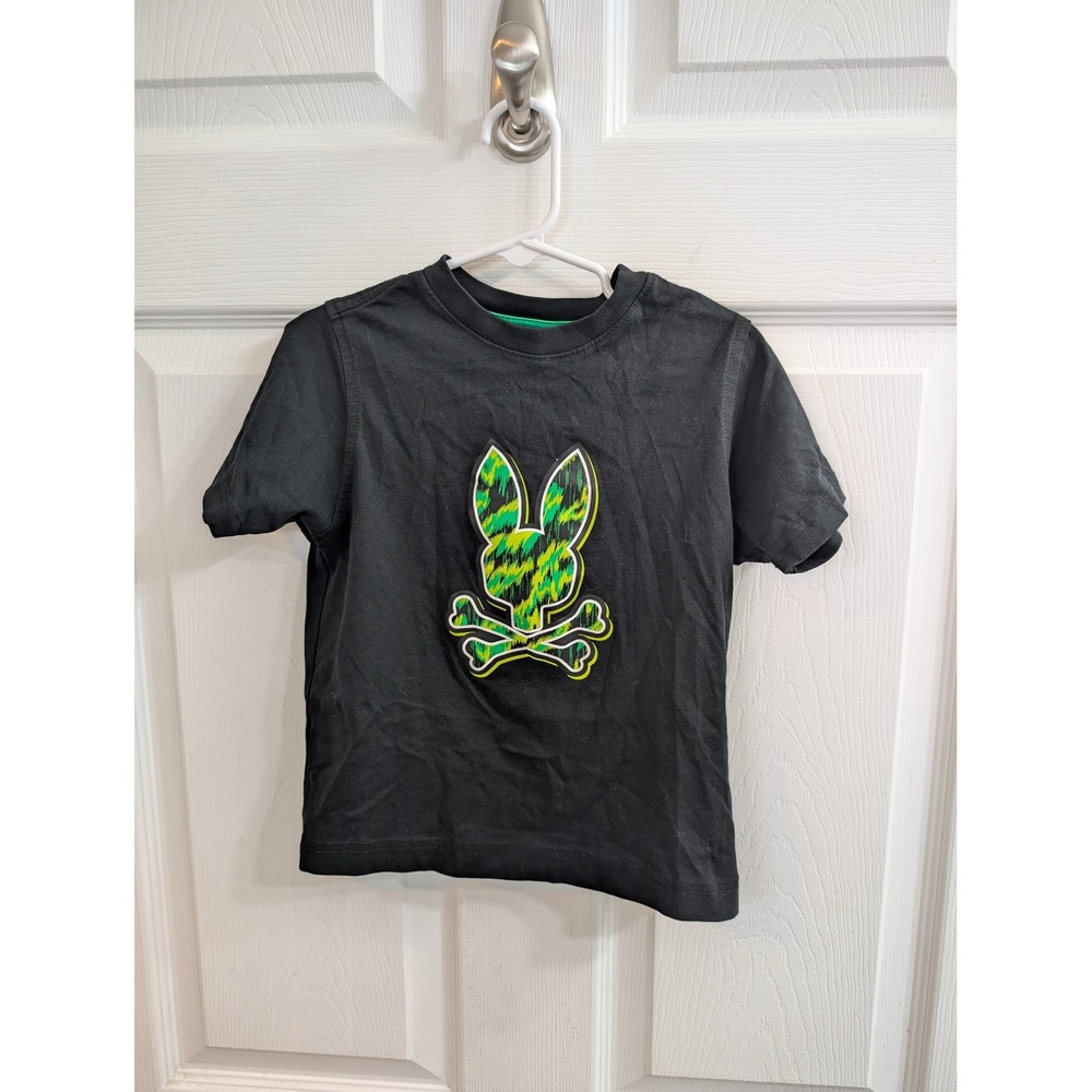 Psycho Bunny Graphic T-Shirt Kids Black Green Pima Cotton Tee - Size 4/XXS